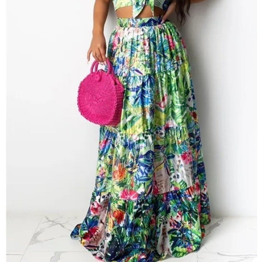 L'Artiste By Amy Tropical Jungle Tiered Maxi Skirt NWT
